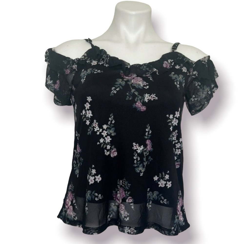 FRESHMAN Floral cold Shoulder Blouse Cottagecore Top in Black Boho Chic XSMALL